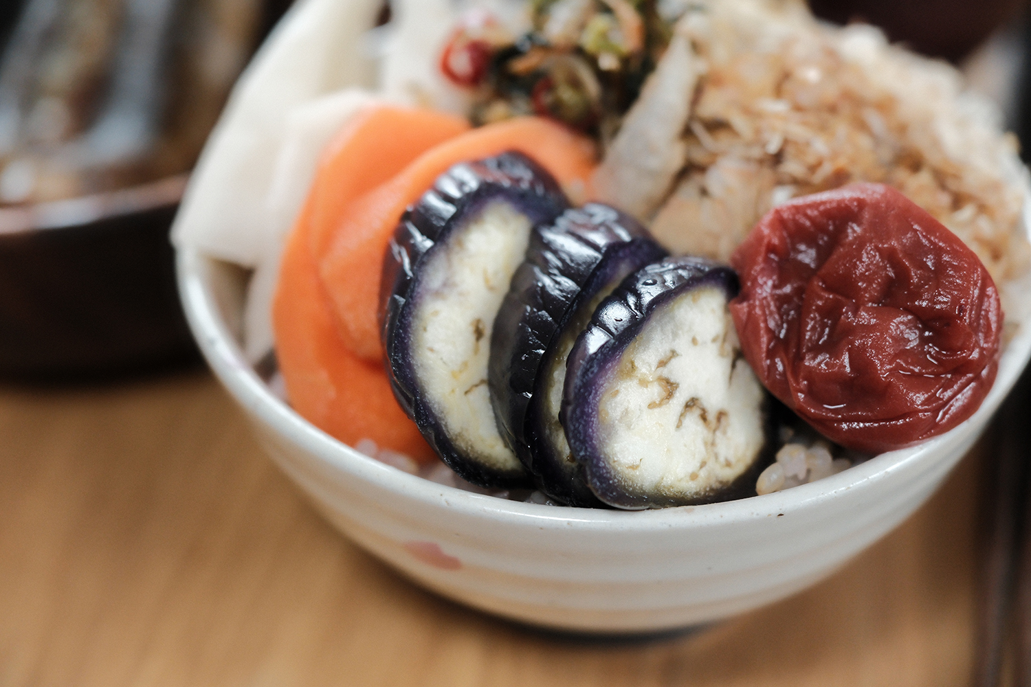 4毒抜き 玄米ごはん 自家製ふりかけ ぬか漬け なすび