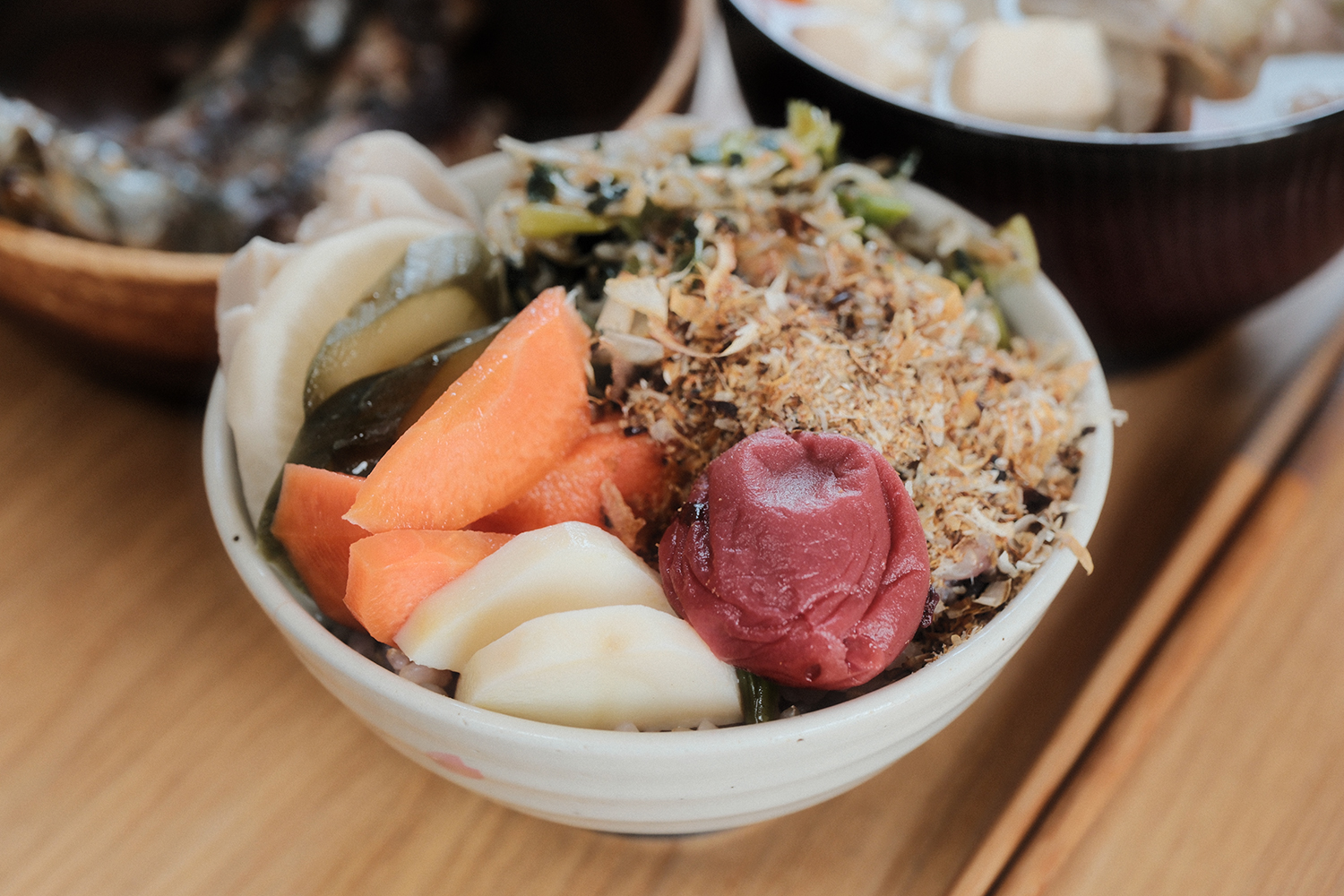 4毒抜き 玄米ごはん 梅干し いわしぶし ぬか漬け アップ